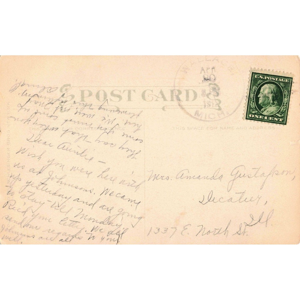 1911 Schlesinger Bros Postcard Woman in Headdress Wallace Michigan Postmark - Picture 2 of 2